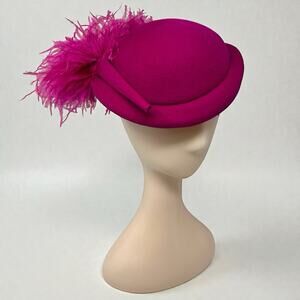 Vintage Adolfo Réalités Fuchsia Wool Felt Feather Cocktail Hat 21” 60s